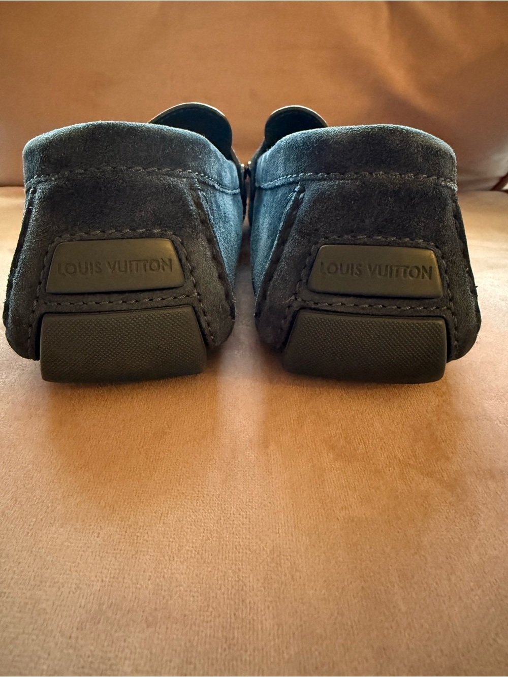 Louis Vuitton Navy Suede Loafers with Gold LV Buckle - Picture 4 of 6